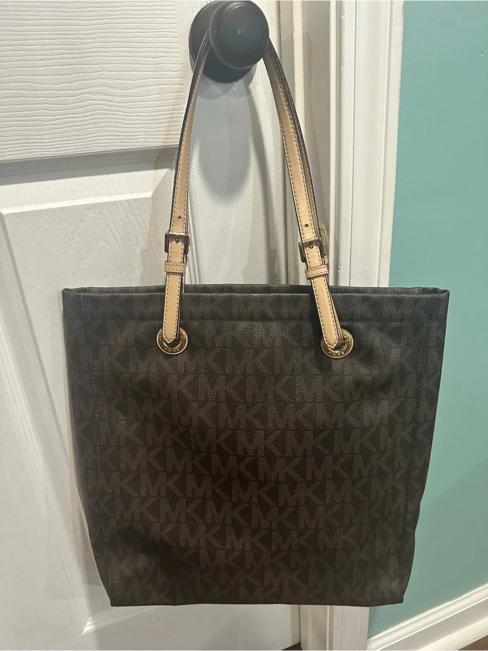 Michael Kors Brown & Tan Logo Tote with Gold Charm